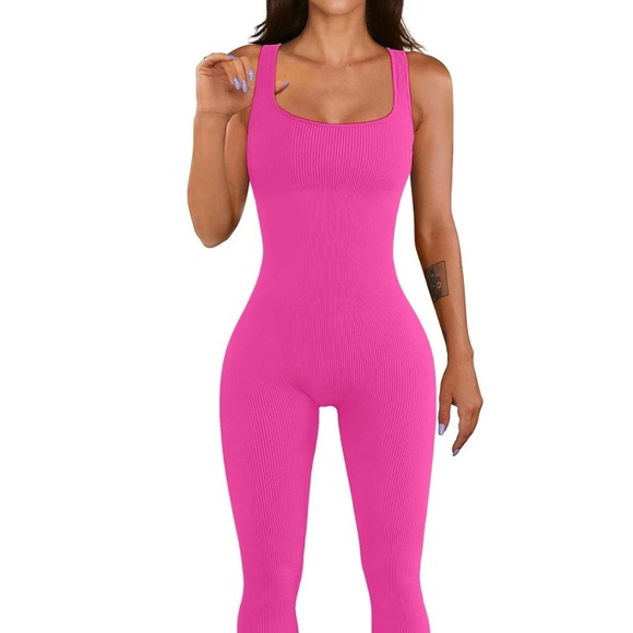 OQQ NWT Hot Pink Ribbed High Compression Scoop Neck Flair Wide Leg Jumpsuit - Picture 2 of 3